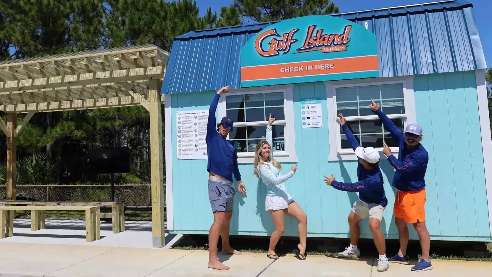Gulf Island Rentals team at the check-in office at Sunset Isle Marina, Fort Walton Beach