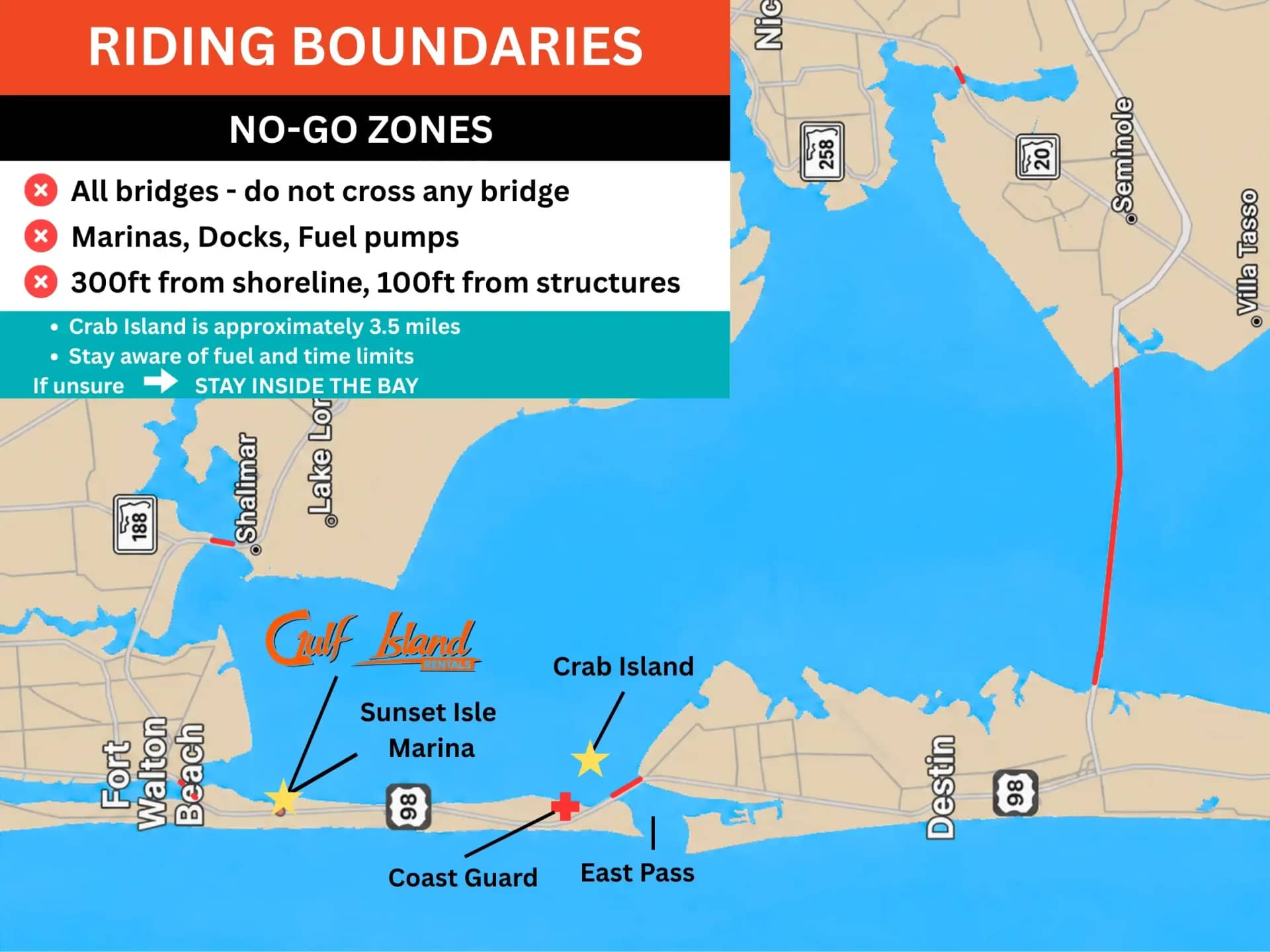 Riding zone map showing Choctawhatchee Bay, Crab Island access, and safety boundaries