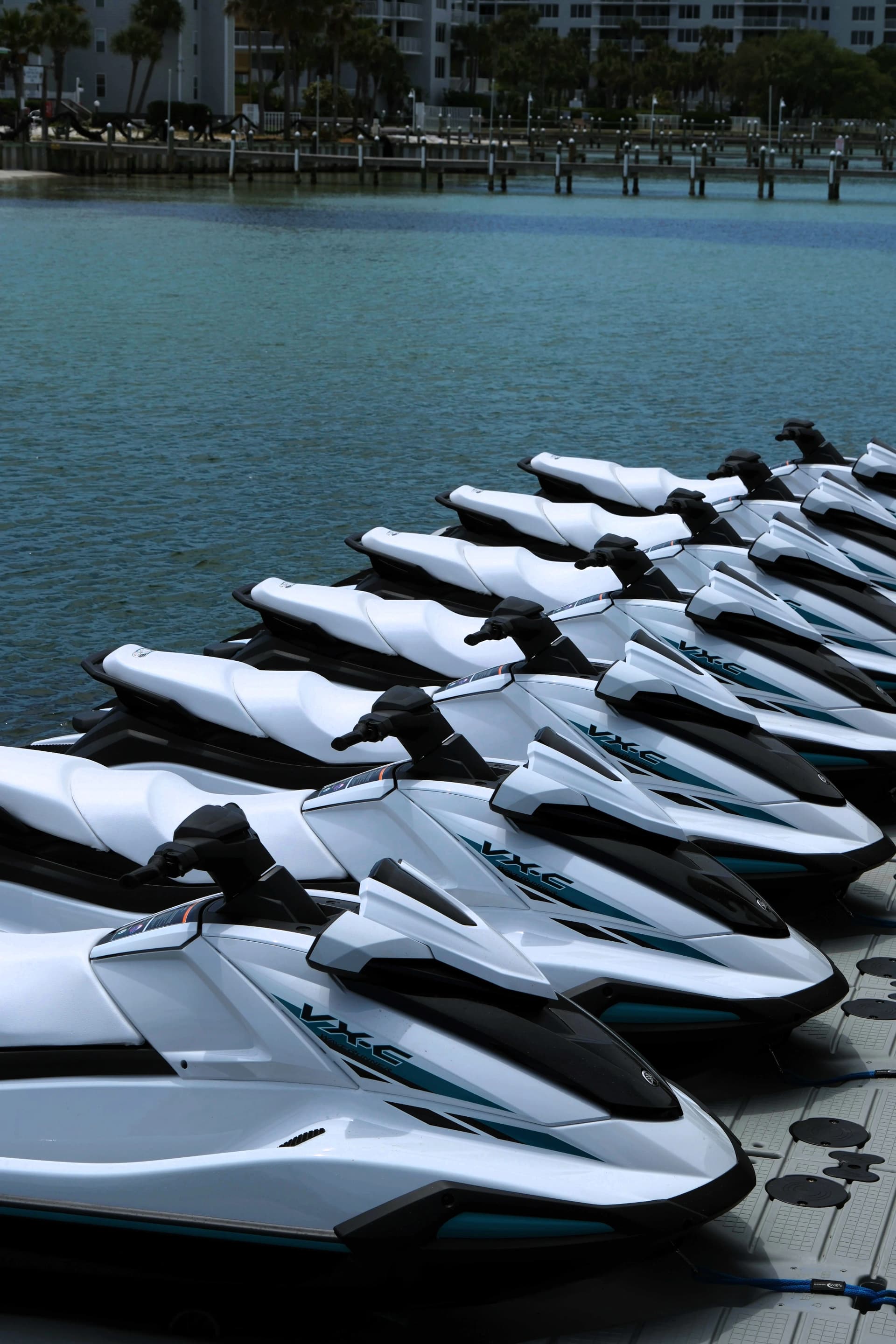 Gulf Island Rentals jet skis lined up at the dock or launch area on the Okaloosa County waterfront