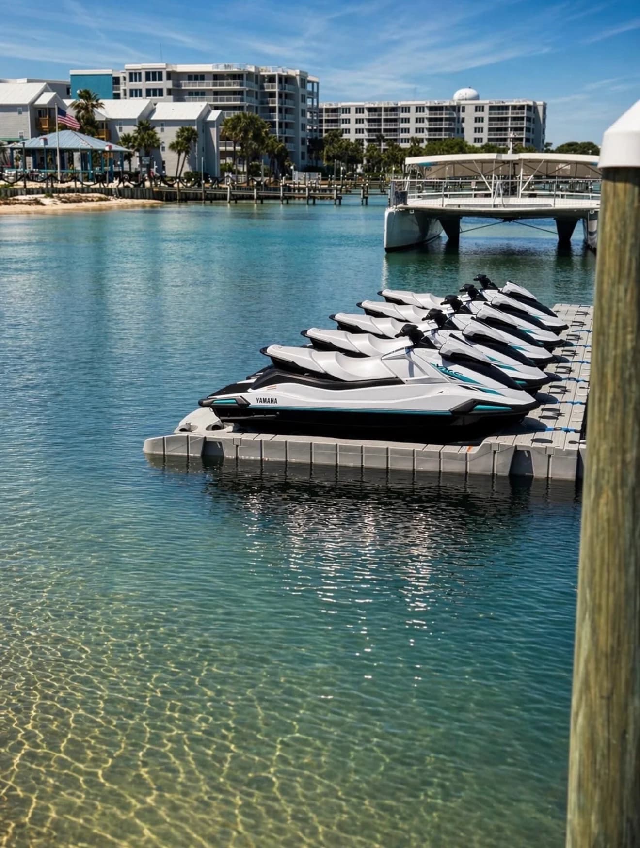 A jet ski rental riding through bright coastal water